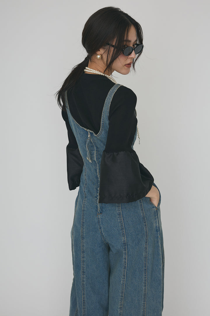 [予約/SET]タックフレア異素材ドッキングニットPO+美ラインデニムサロペット(2set)