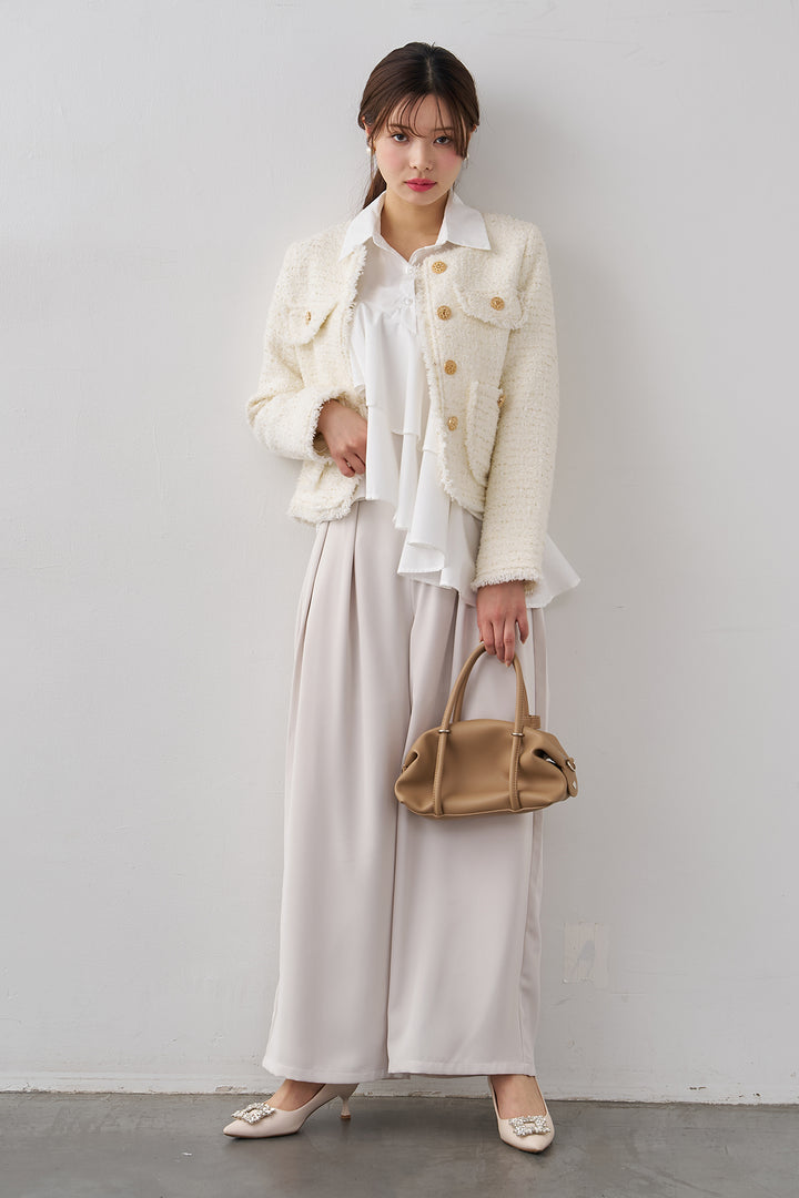 [予約/SET]アシメフリルティアードシャツ+フリンジツイードゴールドボタンジャケット+エステルツイルタックワイドカラーパンツ(3set)