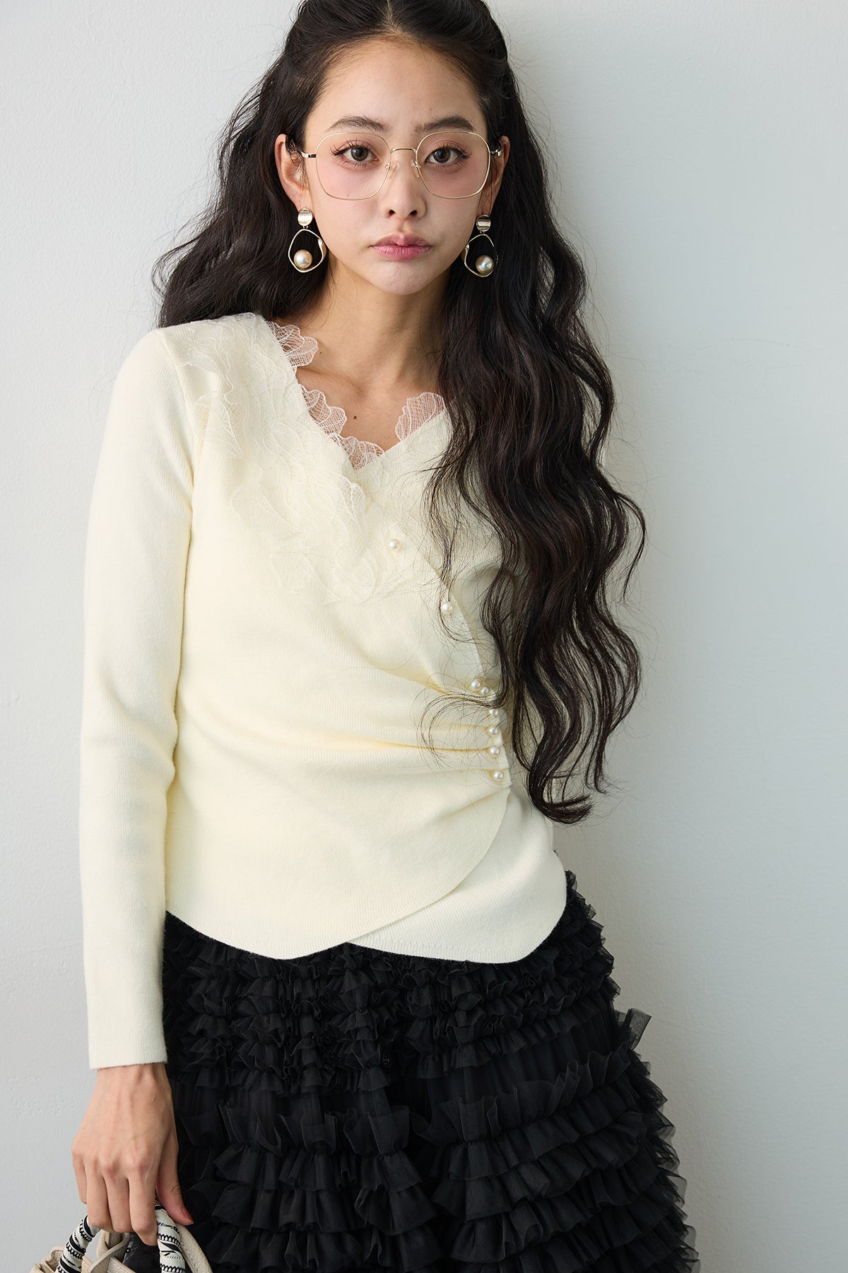 予約/SET]タックパールデザインレースニット+ホイップチュール