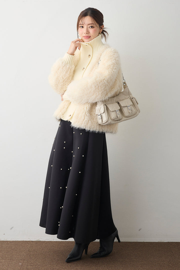 [予約/SET]シャギーファー×リブニットミックスジャケット+マルチパターンボンディングフレアスカート(2set)