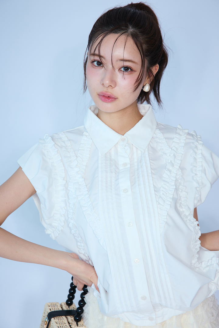 [予約]ミックスフリルピンタックサイドドロストブラウス