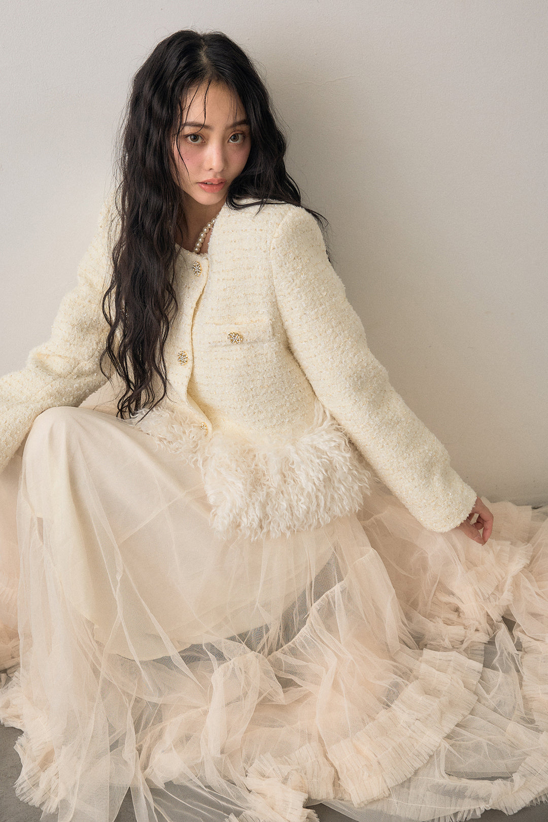 [予約]中綿ツイードロングファードッキングジャケット