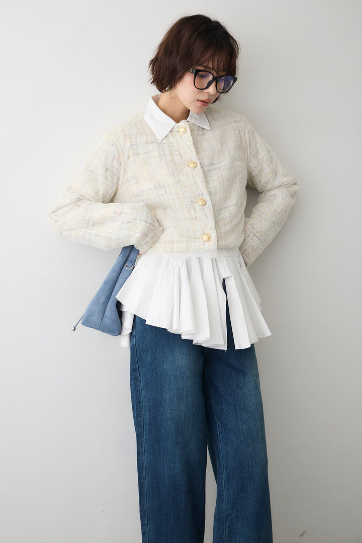 [予約/SET]パネルフレアヘムシャツ+ツイード×チュールレイヤードクロップドジャケット+フリルヘムデニムパンツ(3set)