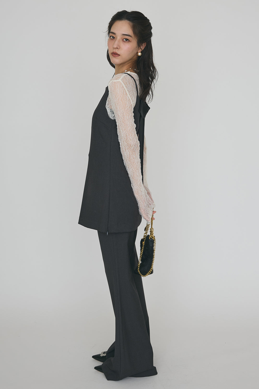 [予約/SET]ストレッチ繊細レーストップス+バックリボン美シルエットキャミチュニック+美脚セミフレアパンツ(3set)