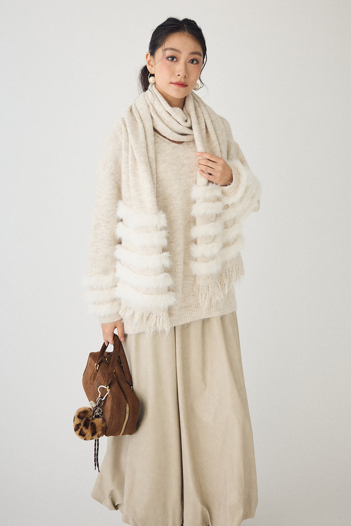 [予約/SET]マフラー付きファーラインデザインニットカーデ+レザーライクバルーンスカート(2set)