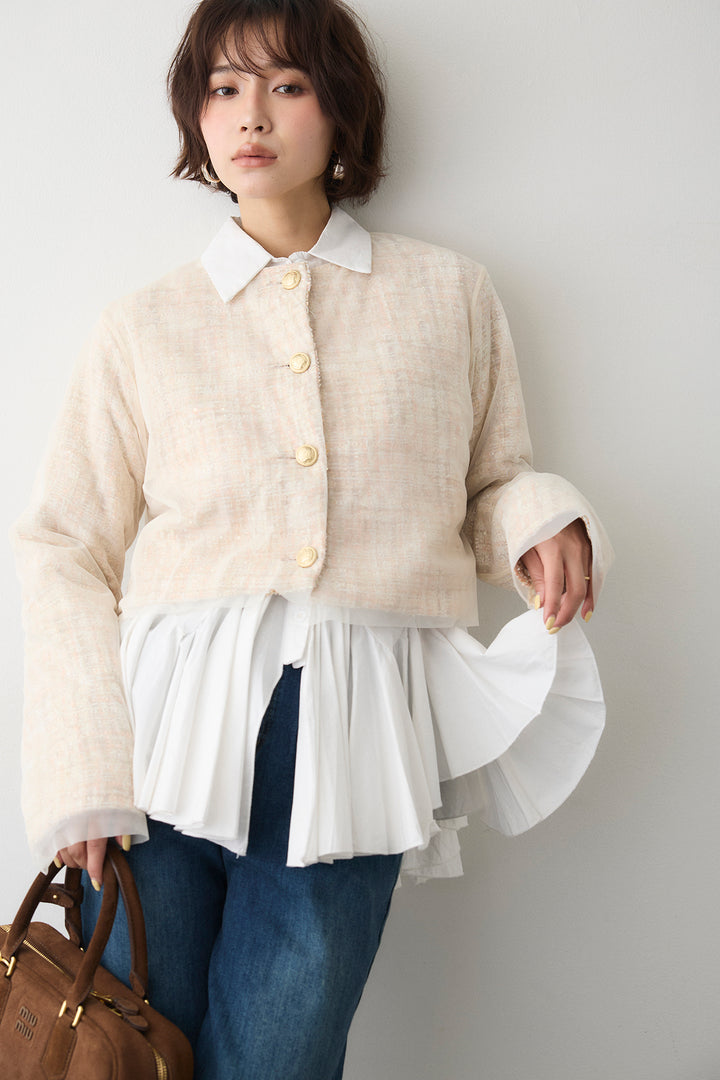 [予約/SET]パネルフレアヘムシャツ+ツイード×チュールレイヤードクロップドジャケット(2set)