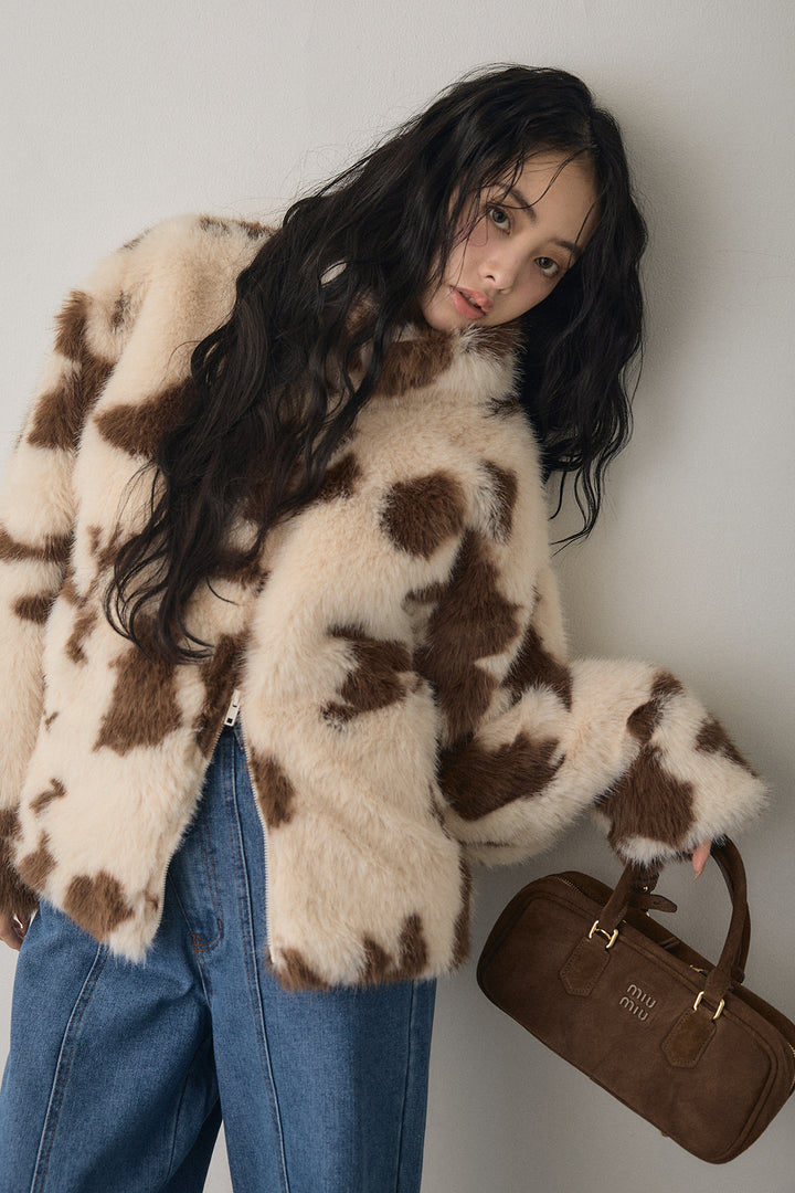 [予約]COW柄スタンドファーライクコート