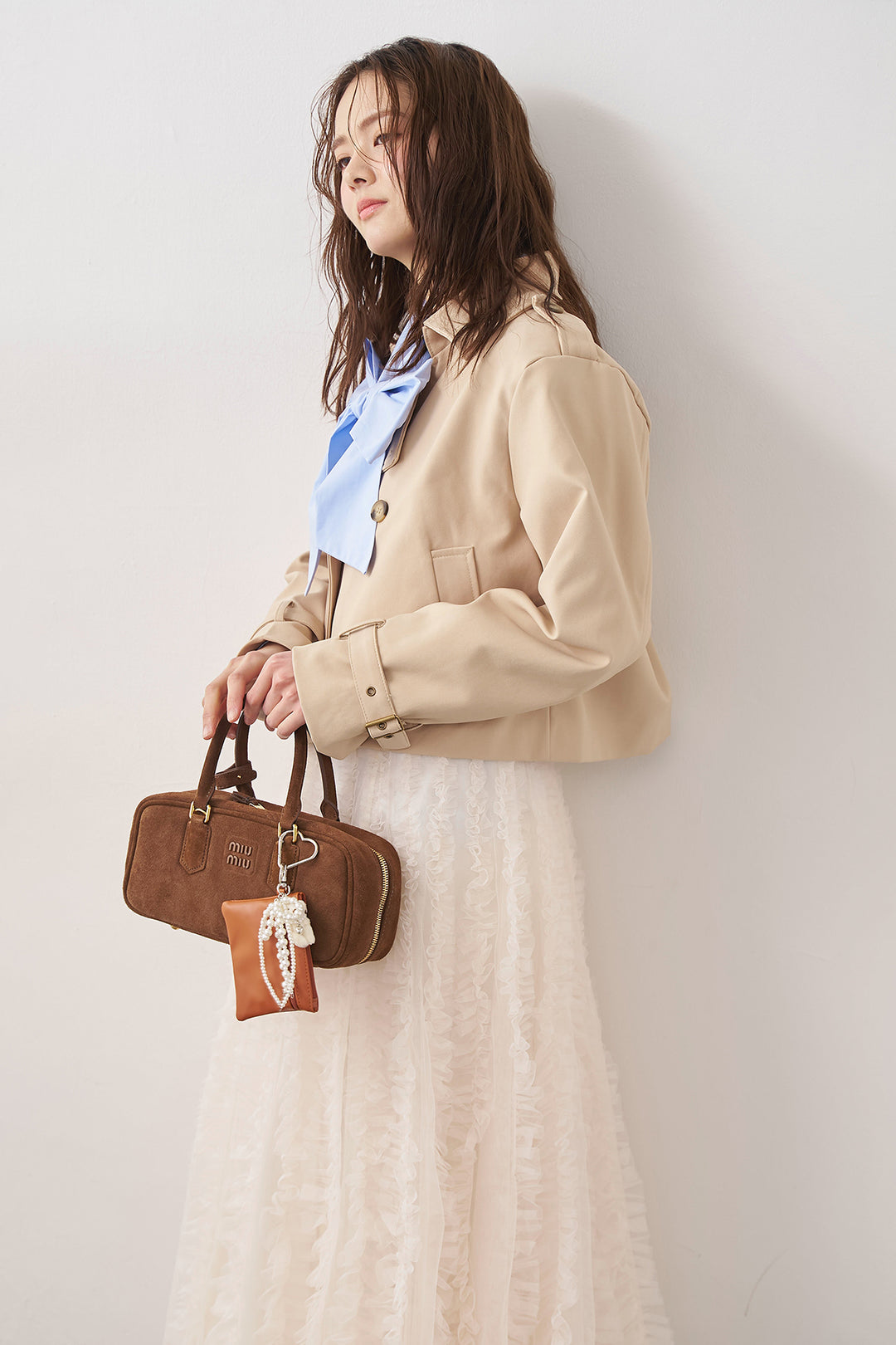 [予約/SET]BIGリボン綿ブラウス+クラシカルショートトレンチ+Iラインホイップチュールスカート(3set)