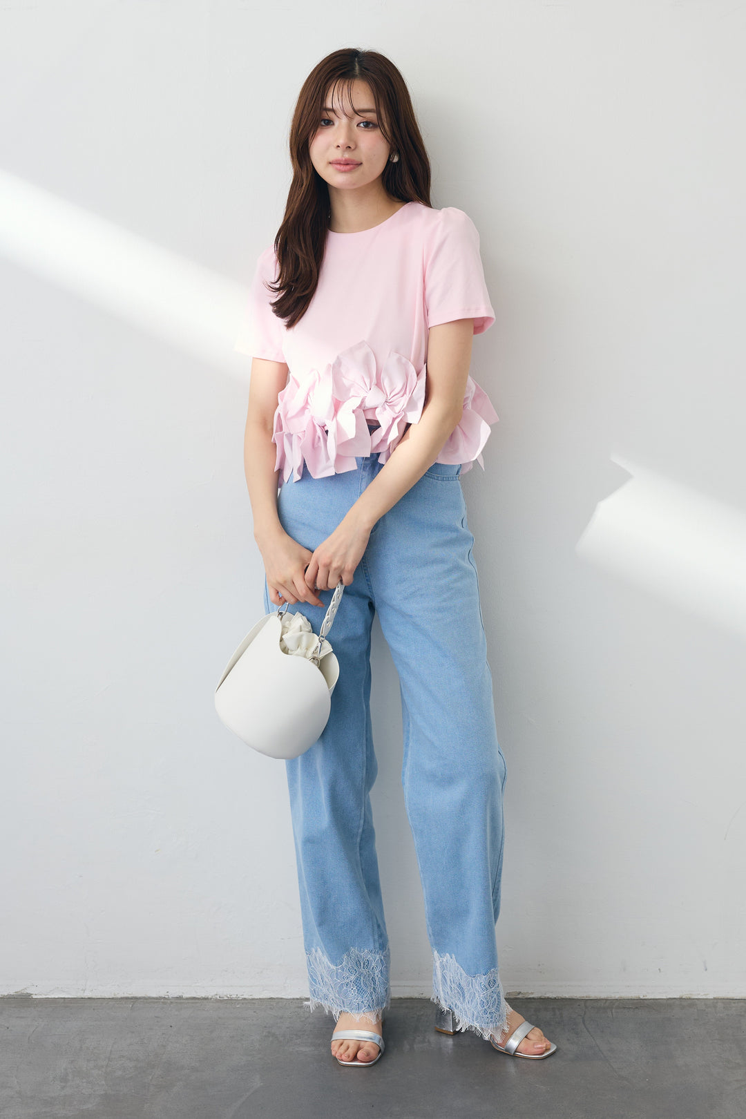 [予約/SET]リボンヘムデザインTシャツ+【接触冷感】ヘムレースデニムパンツ(2set)