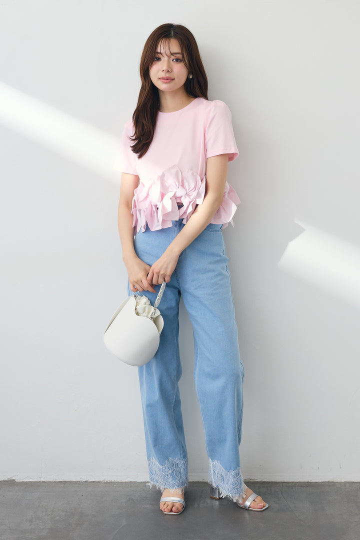 [予約/SET]リボンヘムデザインTシャツ+【接触冷感】ヘムレースデニムパンツ(2set)