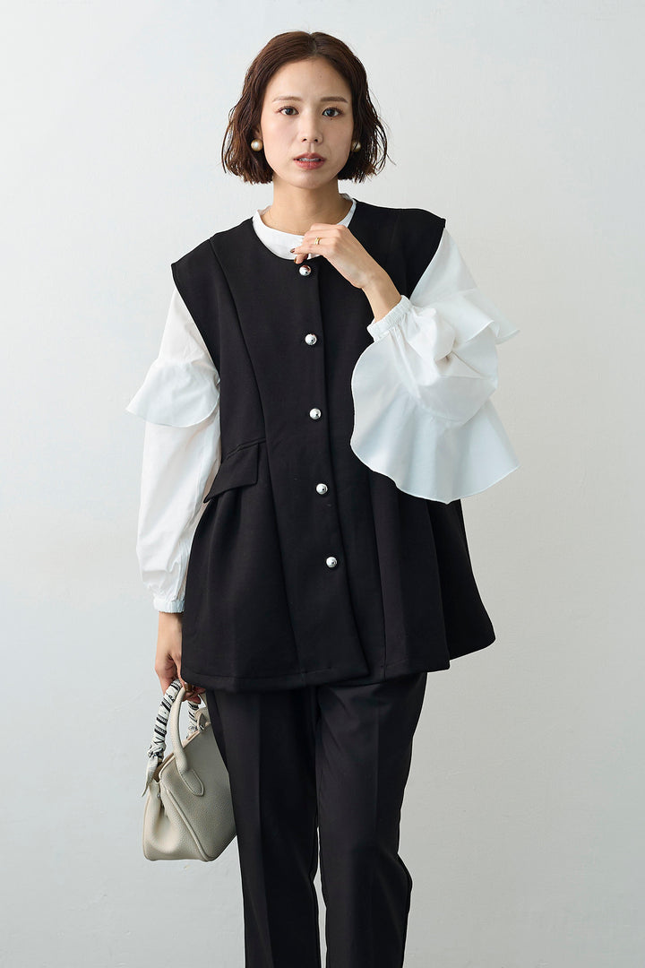 [予約/SET]ティアードフリルスリーブパールボタンブラウス+ペプラムラインシルバーボタンジレ(2set)