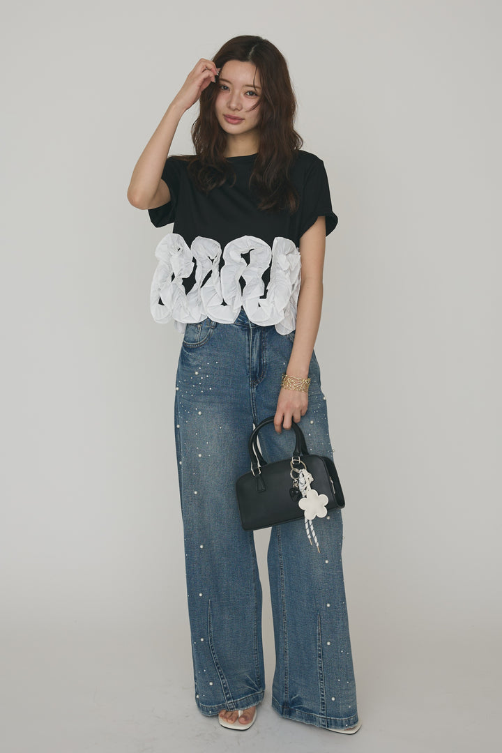 [予約/SET]フリルウェーブヘムカットTシャツ+パールラインストーンハイウエストデニム(2set)
