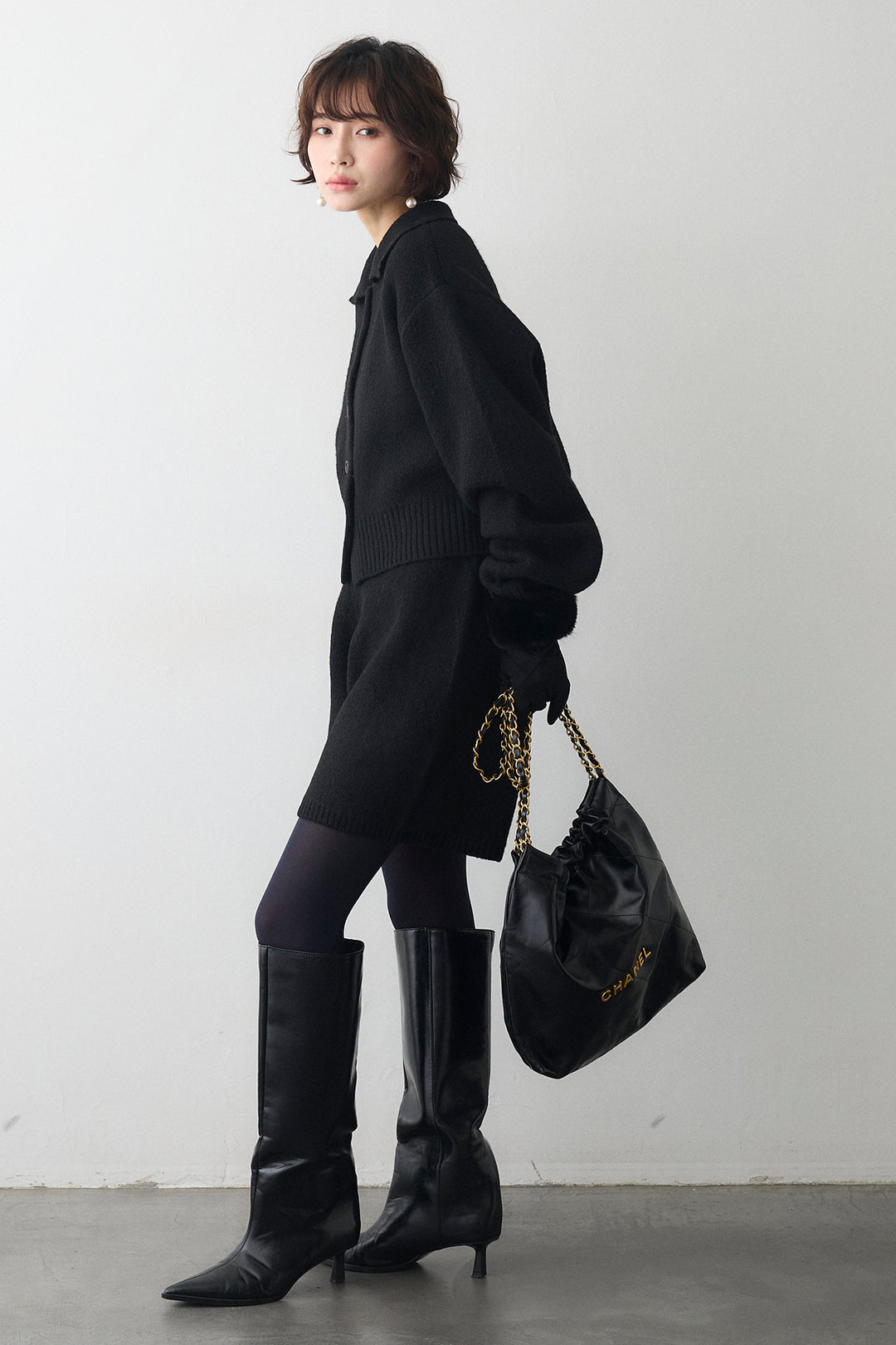 [予約/SET]メランジニットポロ襟クロップドカーデ+メランジニットショートパンツ(2set)