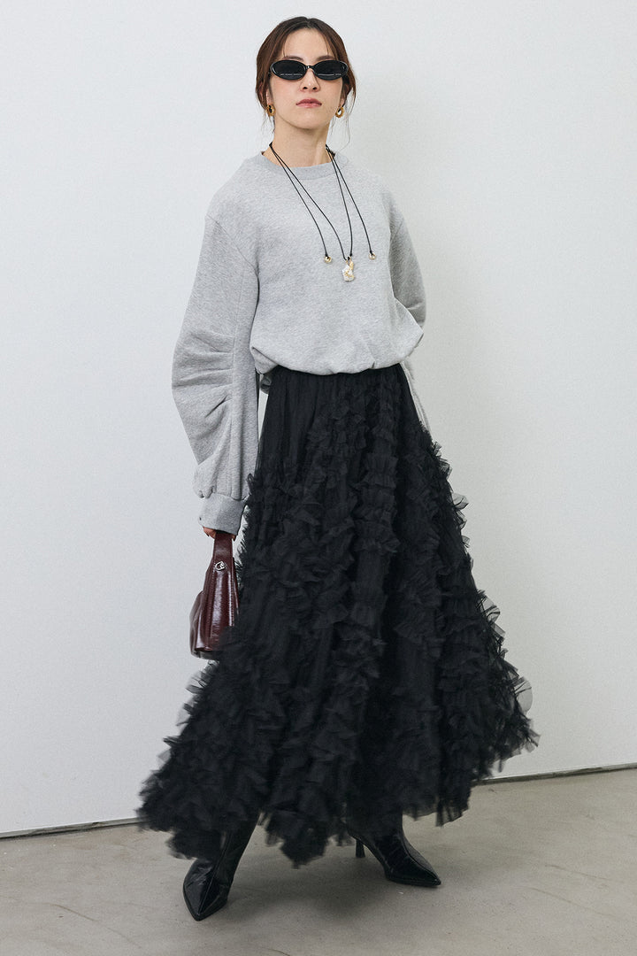 [予約/SET]裏起毛バルーンスリーブプルオーバー+スフレアシメチュールスカート(2set)