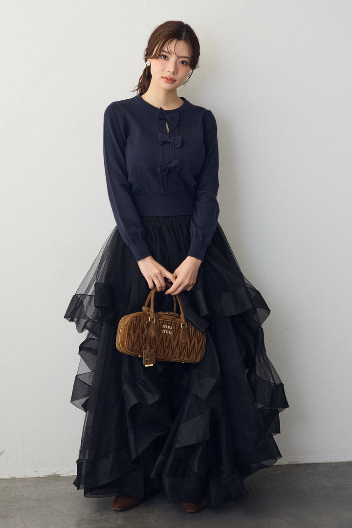 [予約/SET]フロントリボンモチーフカーデ+ランダムフリルティアードボリュームスカート(2set)