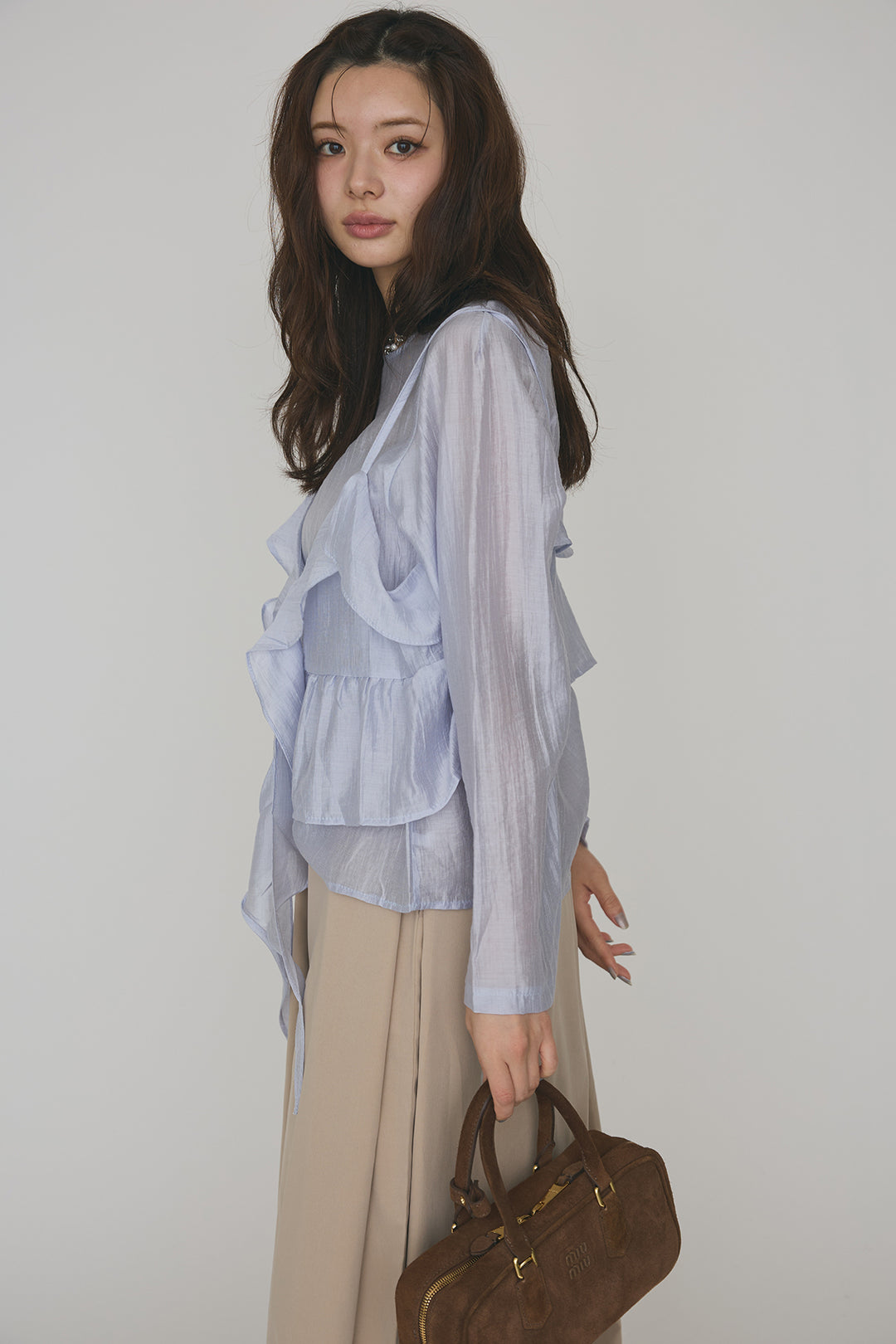 [予約/SET]ドレープフリルシアーレーヤードトップス+フロントサイドタックワイドパンツ(2set)