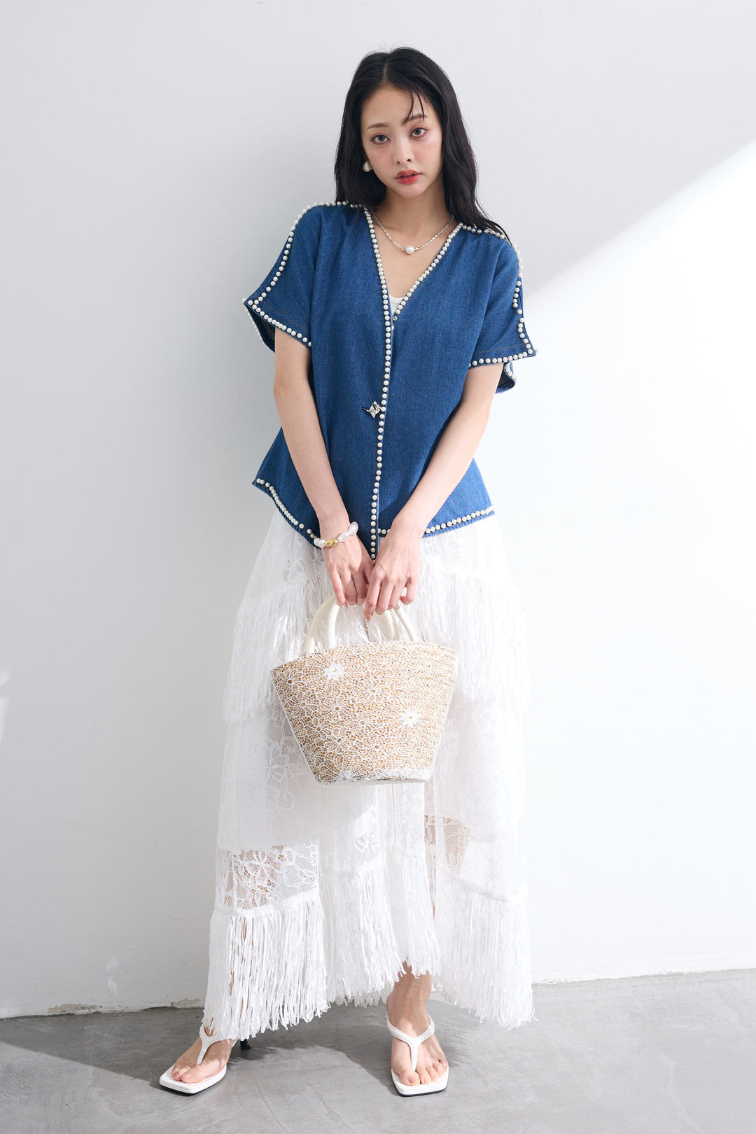 [予約/SET]パールトリミングデニムジャケット+フリンジシアーレースロングスカート(2set)