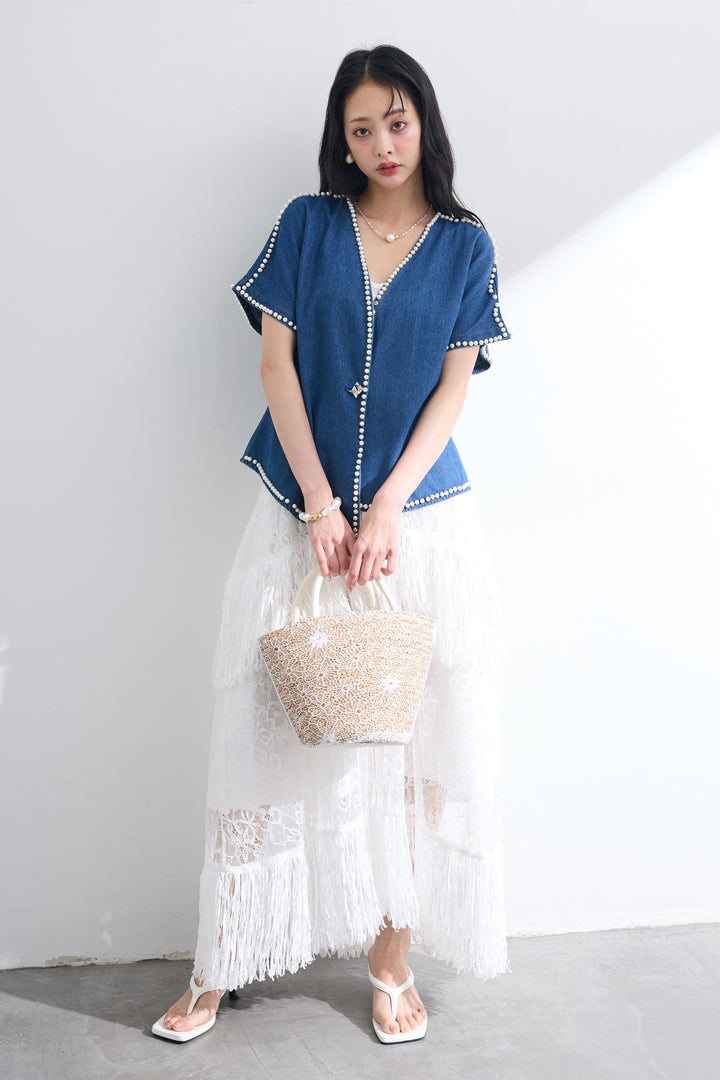 [予約/SET]パールトリミングデニムジャケット+フリンジシアーレースロングスカート(2set)