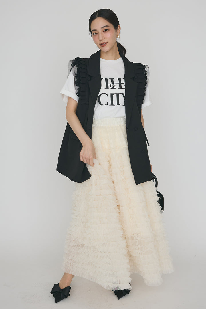 [予約/SET]ThecityロゴTシャツ+フリルショルダーテーラーマニッシュベスト+ホイップチュールティアードスカート(3set)