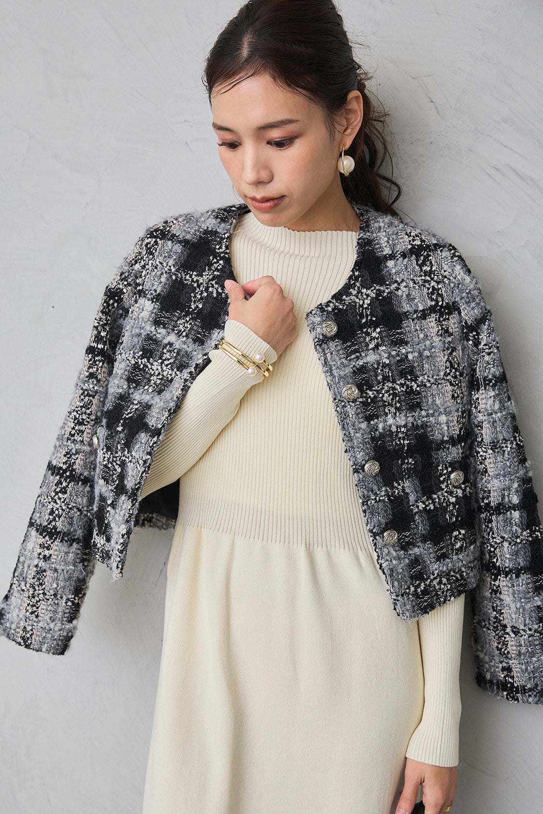 [予約/SET]ツイードチェッククロップドジャケット+リブセミフレアニットワンピース(2set)