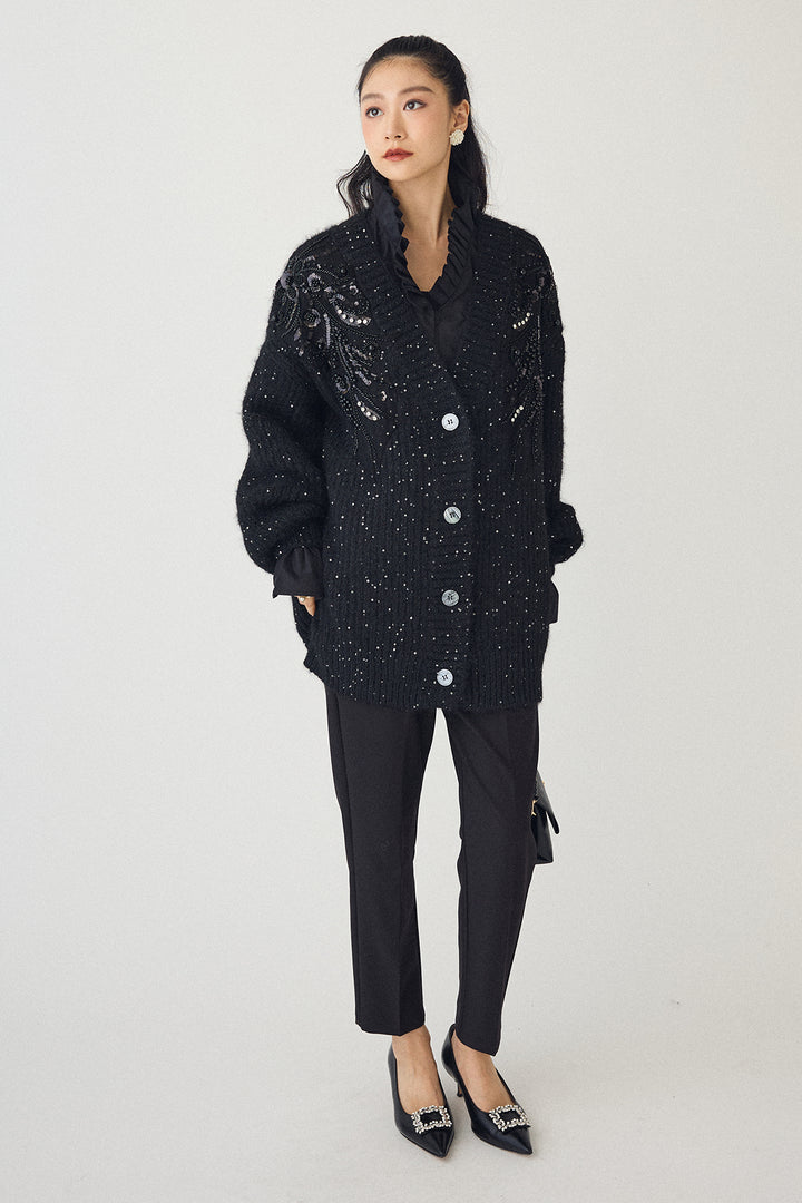 [予約/SET]ダブルプリーツカラーブラウス+ビーズフラワースパンコールシャイニーニットカーデ+タックテーパードパンツ(3set)