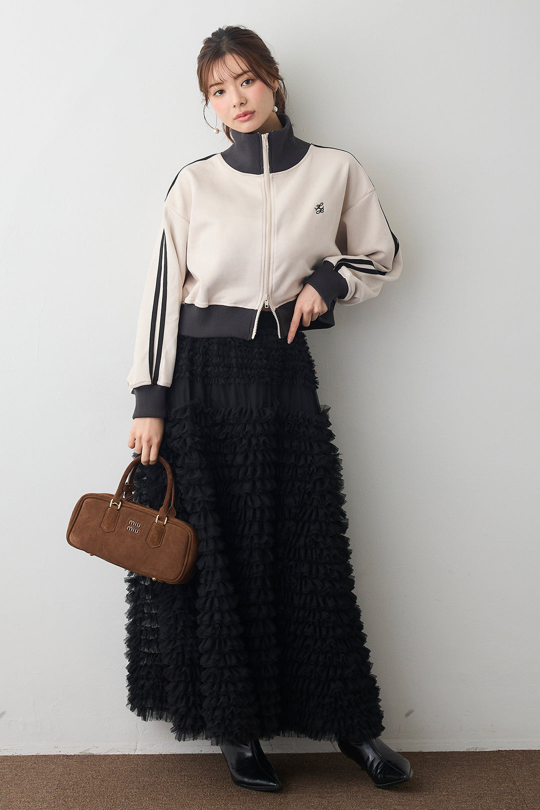 [予約/SET]スエードポンチトラックジャケット+ホイップチュールティアードスカート(2set)