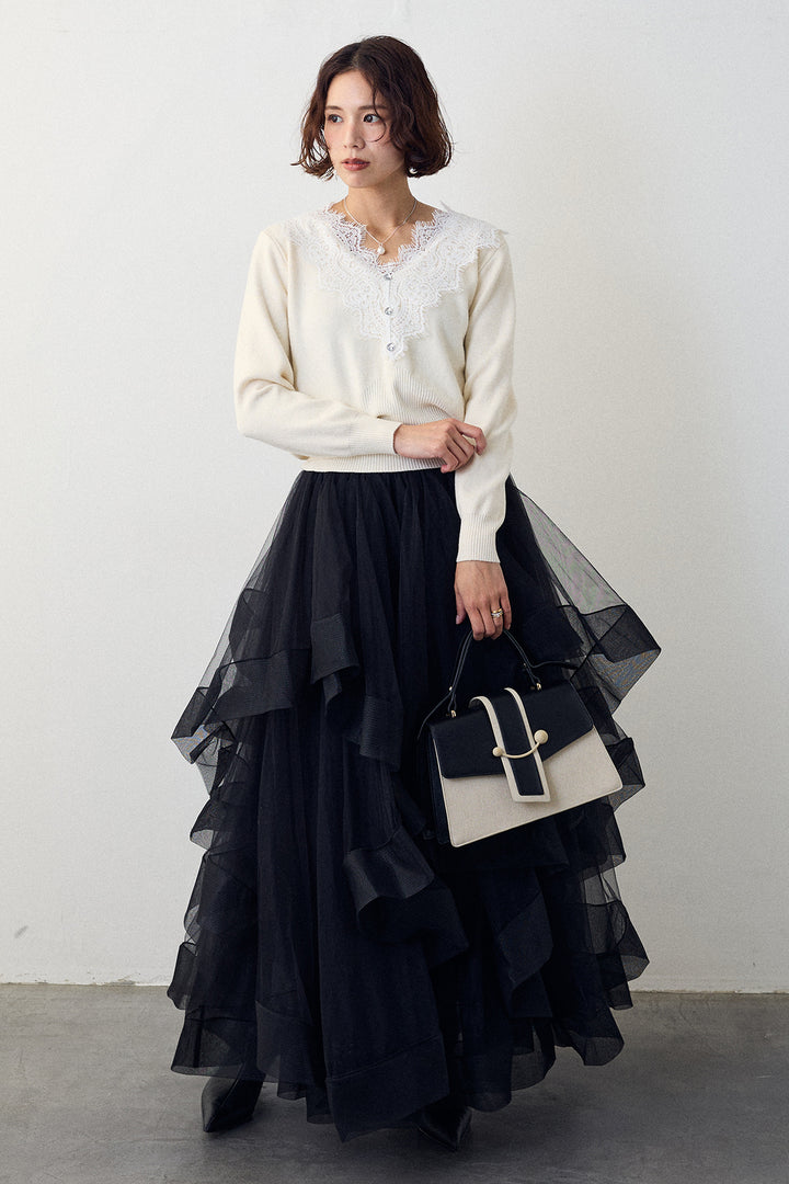 [予約/SET]Vレースデザインニットプルオーバー+ランダムフリルティアードボリュームスカート(2set)