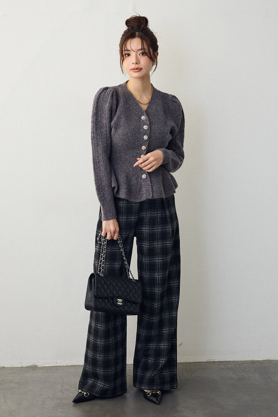 [予約]クラシカルチェックフラワーモチーフ付きパンツ