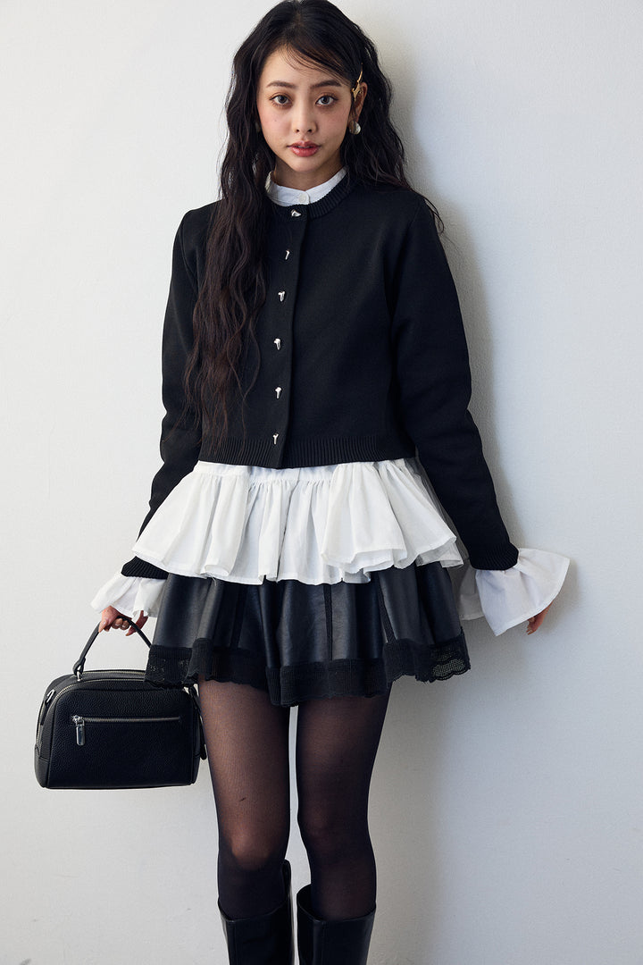 [予約/SET]フリルヘムスリーブブラウス+メタルボタンベーシックカーデ+レザーライクフレアショートパンツ(3set)