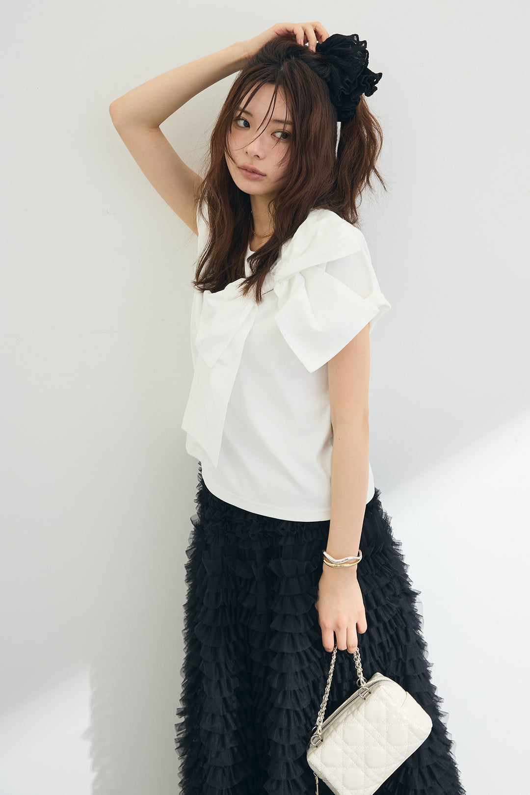 [予約/SET]ショルダーリボンポイントTシャツ+ホイップチュールティアードスカート(2set)