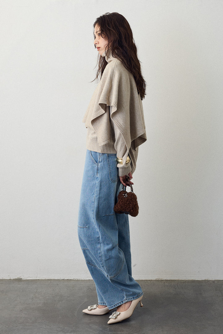 [予約/SET]アシメケープ2wayニット+ステッチ美ラインカーブデニムパンツ(2set)