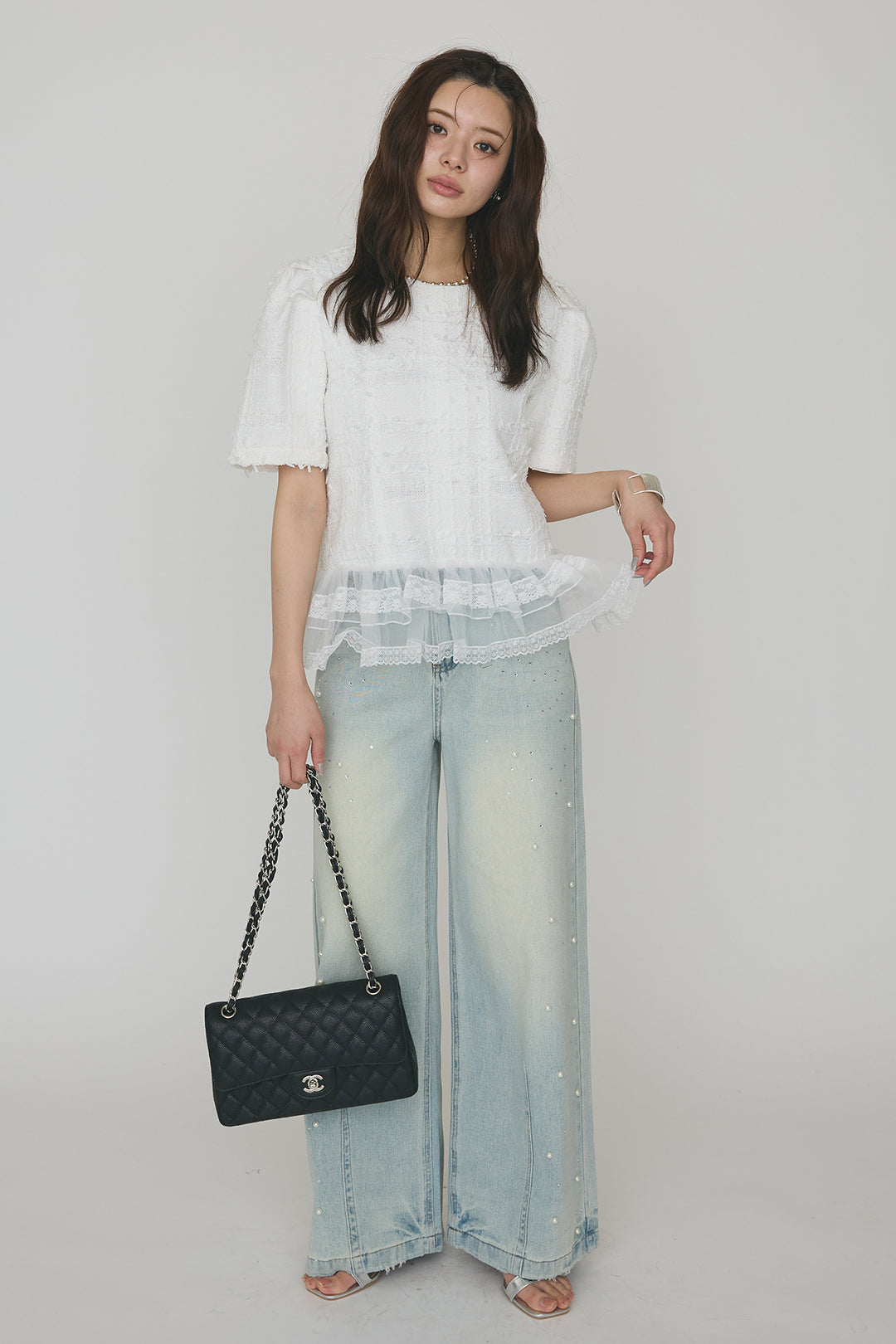 [予約/SET]サマーツイード異素材ドッキングトップス+パールラインストーンハイウエストデニム(2set)