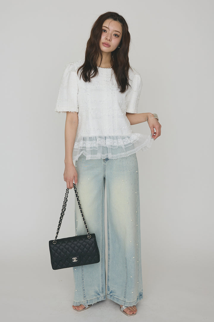 [予約/SET]サマーツイード異素材ドッキングトップス+パールラインストーンハイウエストデニム(2set)