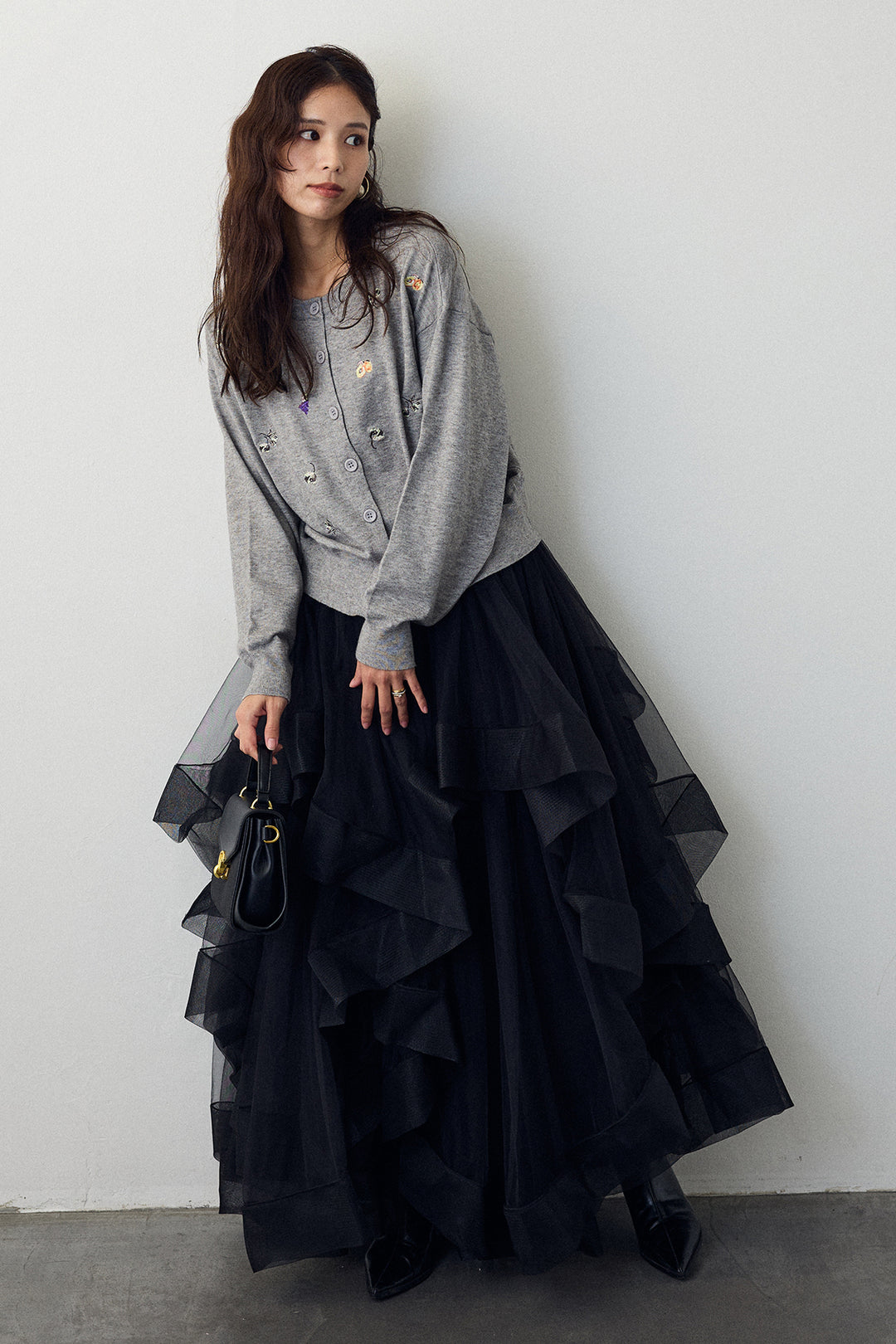 [予約/SET]フルーツフラワー刺繍ニットカーデ+ランダムフリルティアードボリュームスカート(2set)