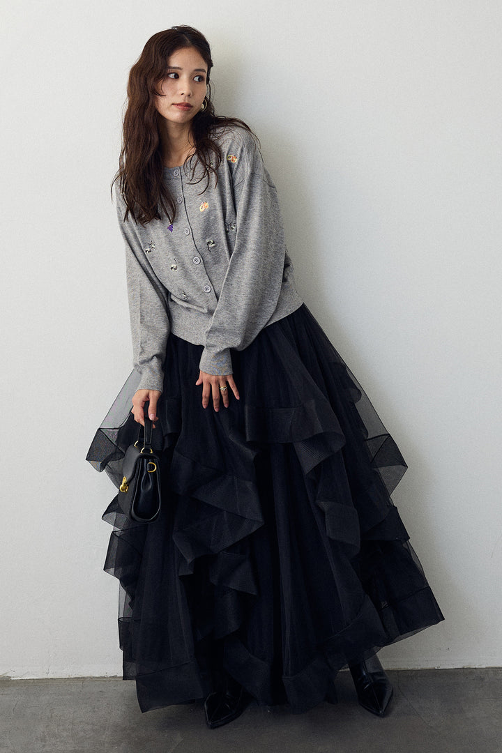 [予約/SET]フルーツフラワー刺繍ニットカーデ+ランダムフリルティアードボリュームスカート(2set)