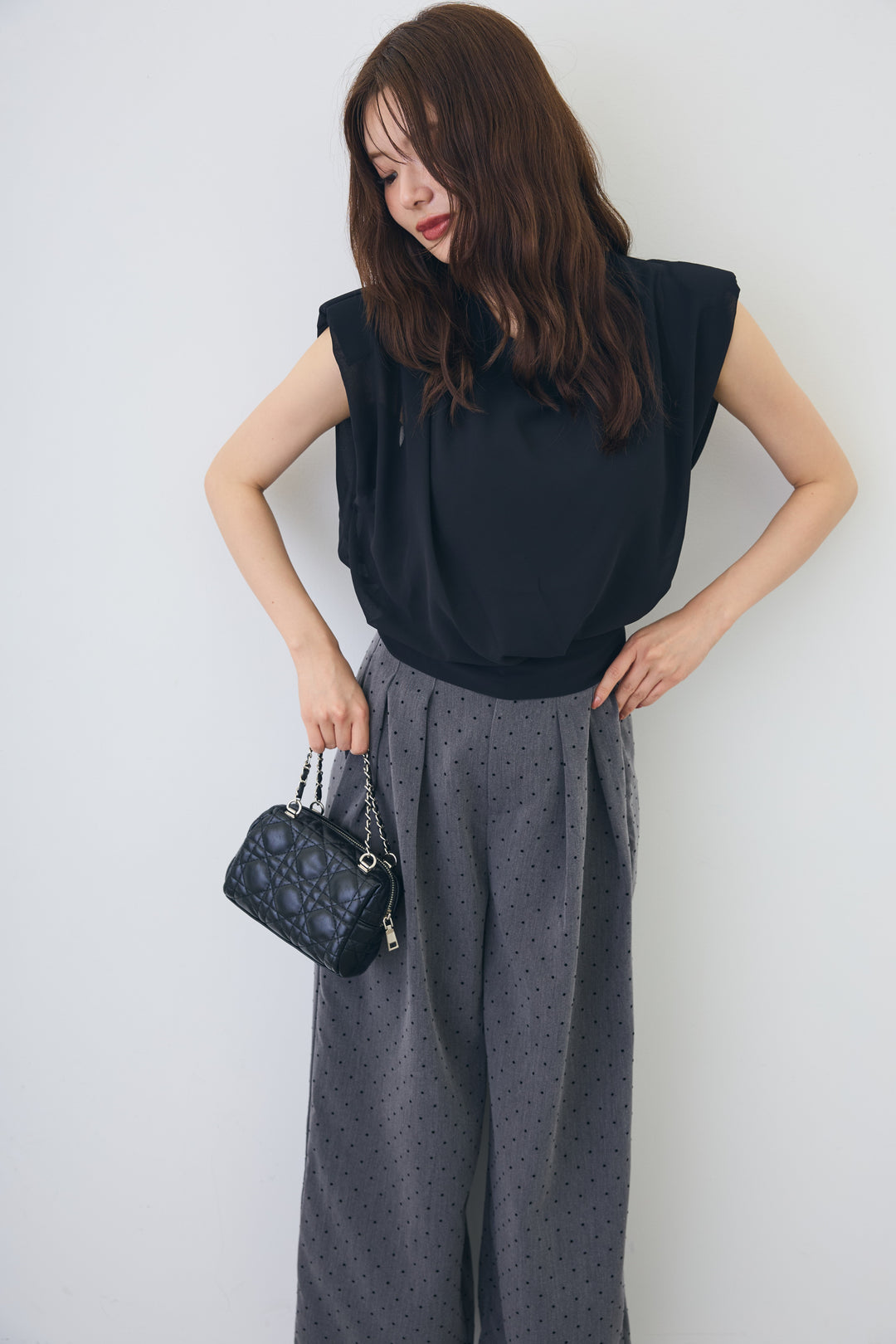 [予約/SET]バックリボンモードショルダーシフォンブラウス+ドットツイルタックワイドパンツ(2set)