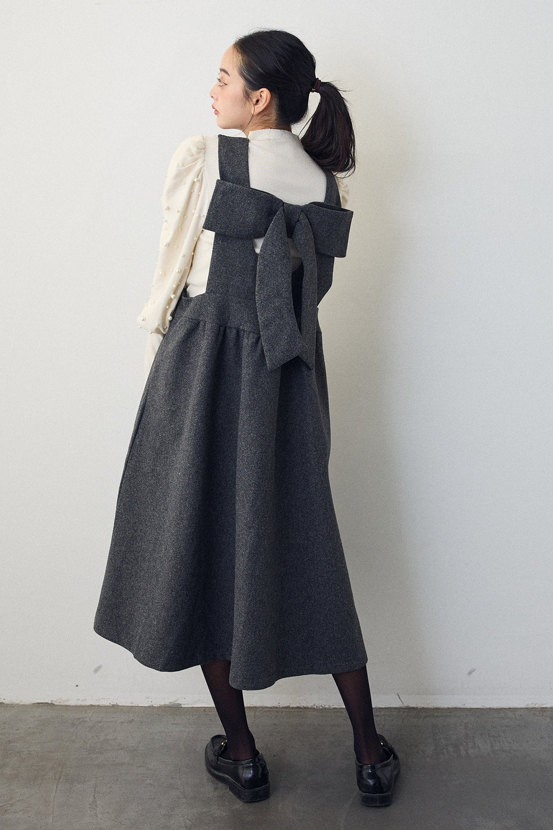 [予約/SET]パフスリーブランダムパールニット+バックリボンボックスシルエットジャンスカ(2set)