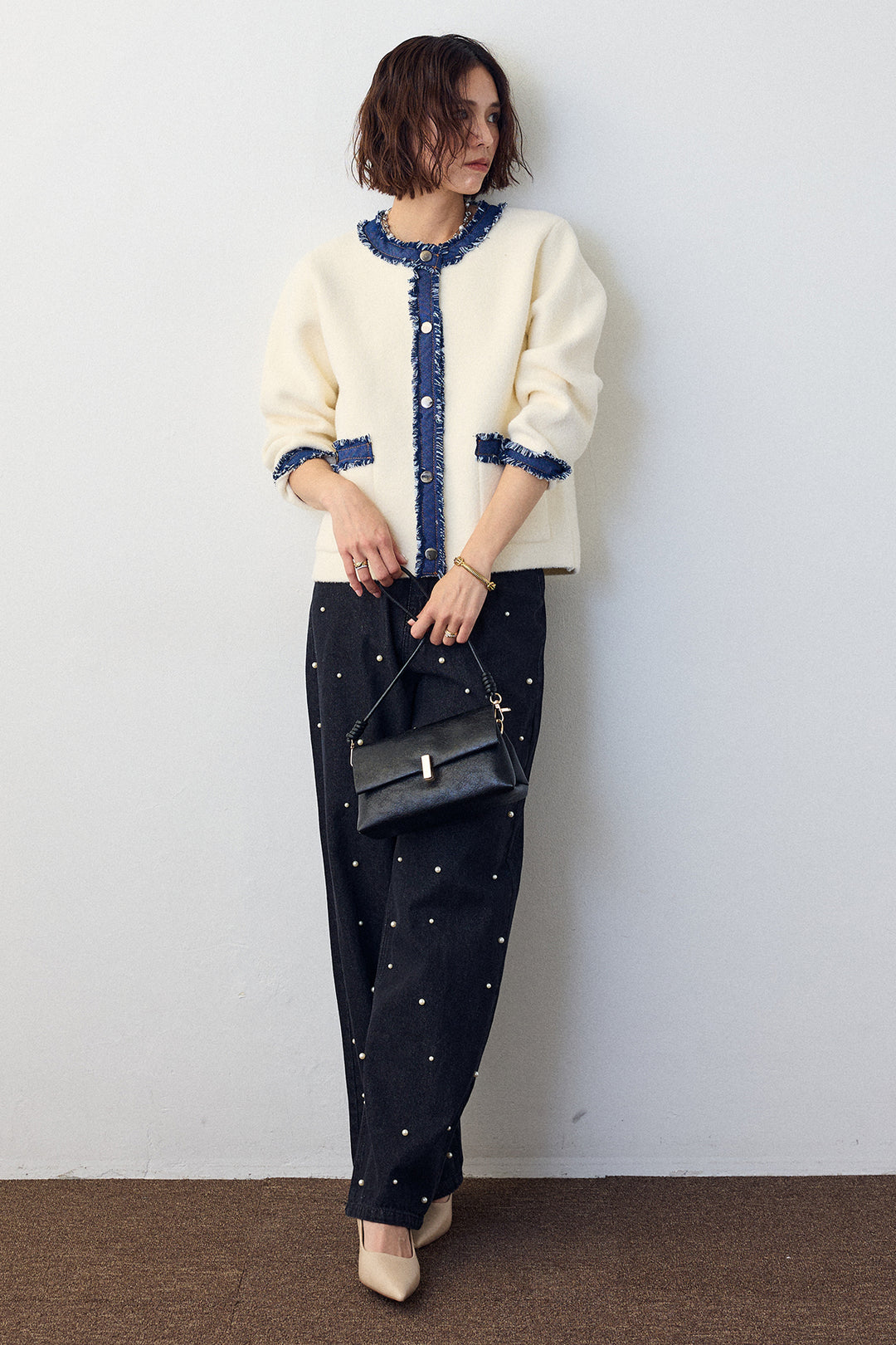 [予約/SET]デニムドッキングマルチパターンカーデ+パールスタッズストレートハイウエストデニム(2set)