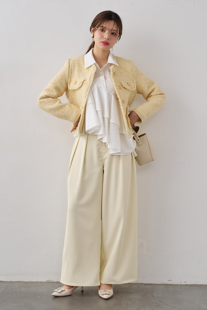 [予約/SET]フリンジツイードゴールドボタンジャケット+エステルツイルタックワイドカラーパンツ(2set)