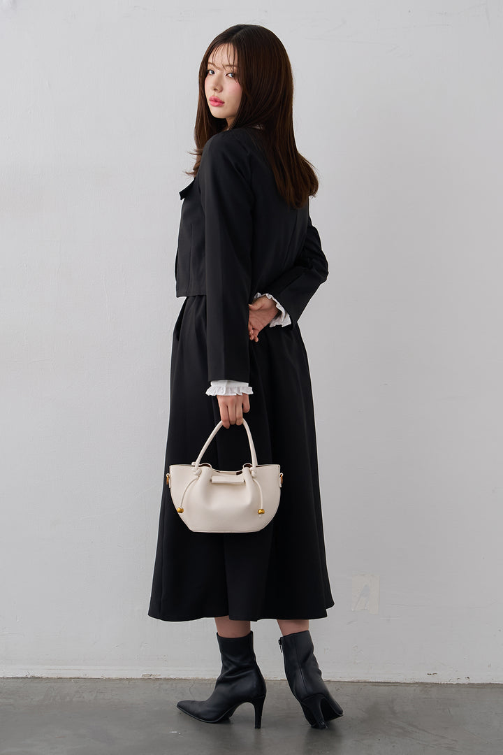 [予約/SET]ミニフリル襟ボリュームスリーブブラウス+ノーカラークロップドジャケットスカートセット(2set)