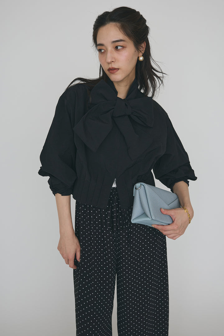 [予約/SET]フロントファスナーヘムタックボウタイブラウス+シアードットリラックスパンツ(2set)