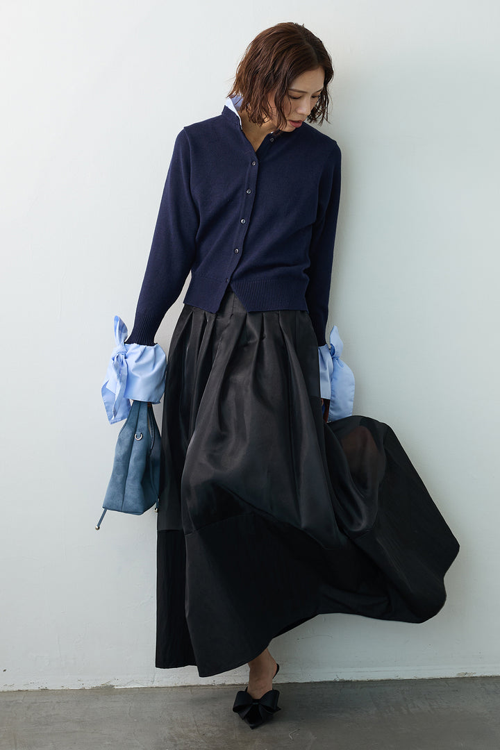 [予約/SET]BIGリボンカフスデザインニットドッキングカーデ+オーガンジー×タフタコクーンスカート(2set)