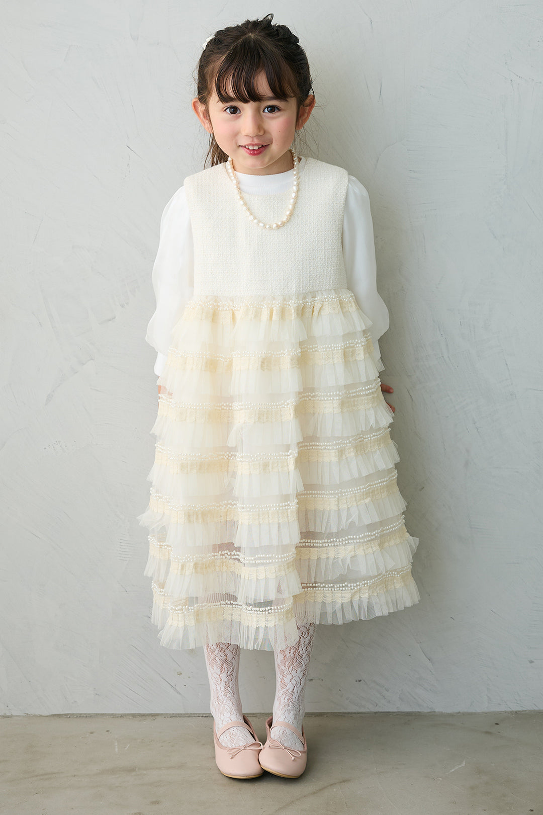 [予約/親子SET][kids]ティアードプリーツパールワンピセット+ツイード×チュールレイヤードクロップドジャケット+ホイップチュールティアードスカート(3set)