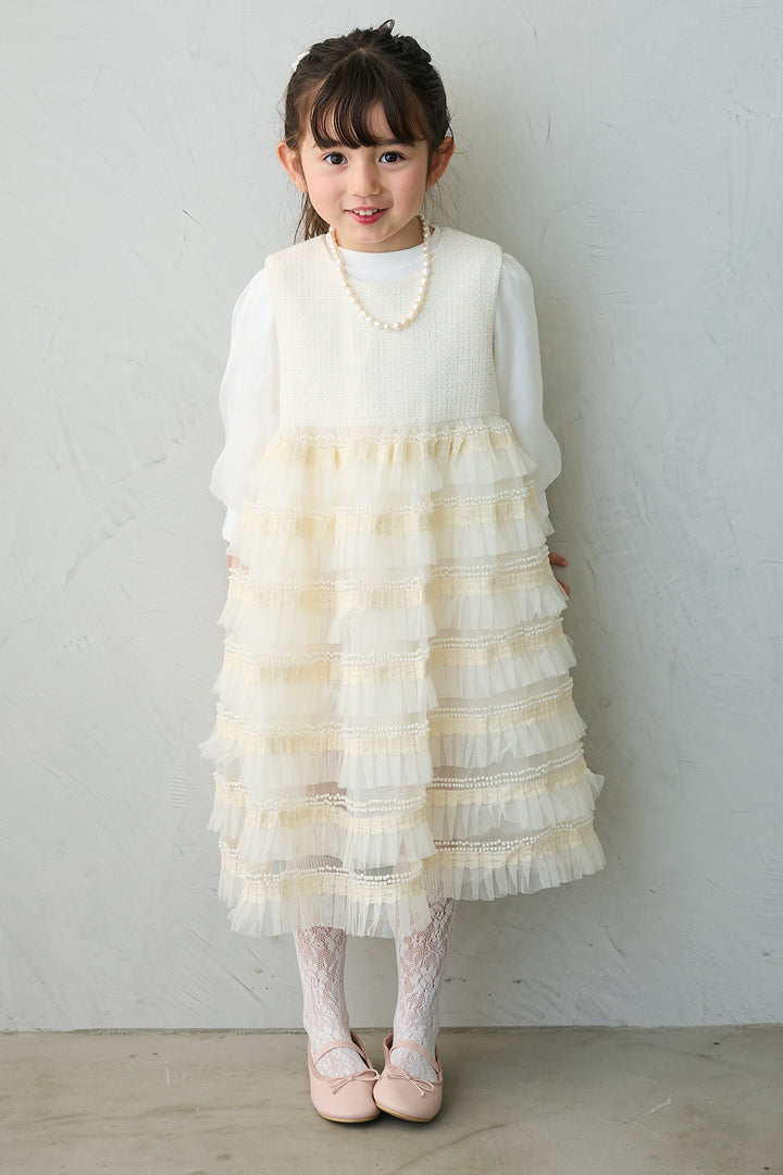 [予約/親子SET][kids]ティアードプリーツパールワンピセット+ツイード×チュールレイヤードクロップドジャケット+ホイップチュールティアードスカート(3set)
