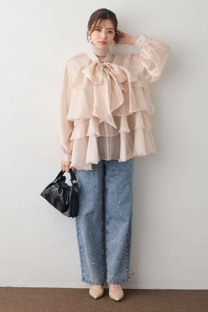 [予約/SET]ベーシックリブタートルニット+フロントBIGリボンティアードエアリーチュニック+パールスタッズストレートハイウエストデニム(3set)