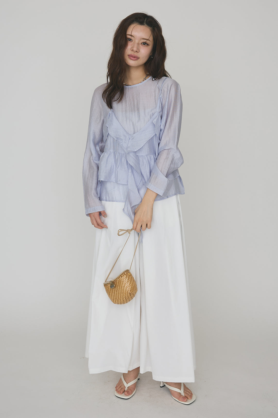 [予約/SET]ドレープフリルシアーレーヤードトップス+フロントサイドタックワイドパンツ(2set)