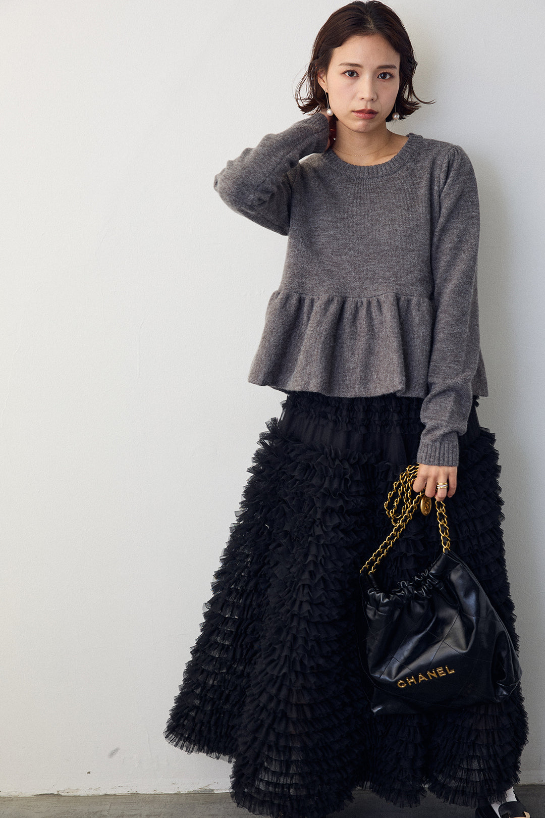 [予約/SET]アルパカタッチバルーンヘムニットプルオーバー+ホイップチュールティアードスカート(2set)
