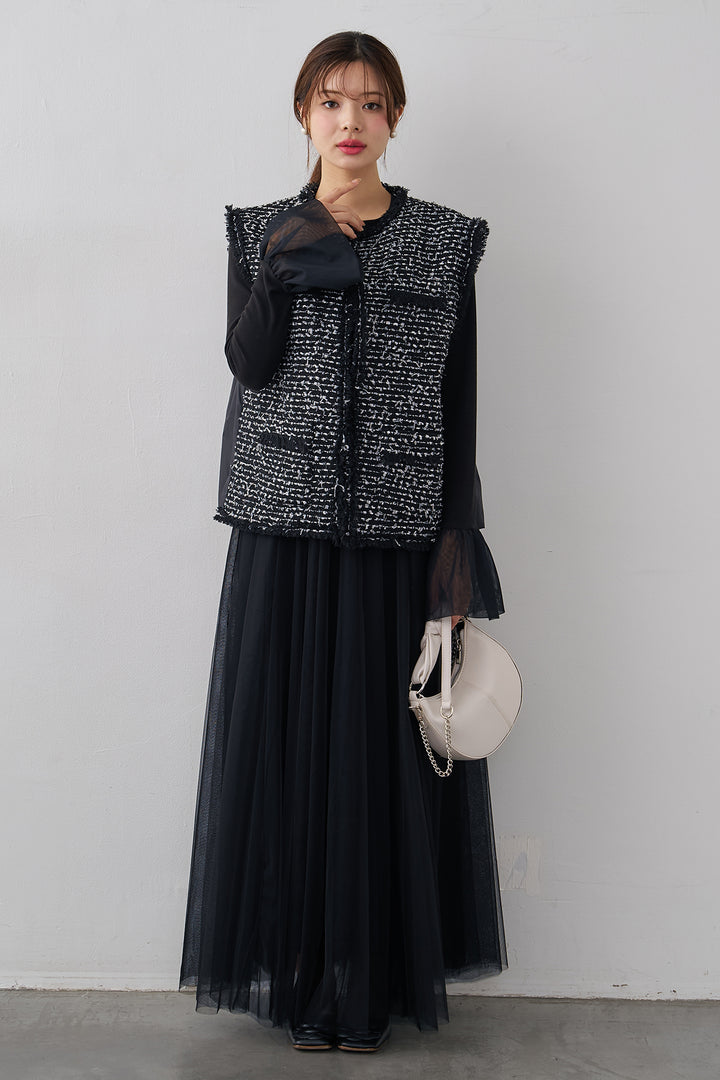 [予約/SET]チュールシアーカフスリブニット+異素材切り替えツイードベスト+エアリーチュールフレアスカート(3set)