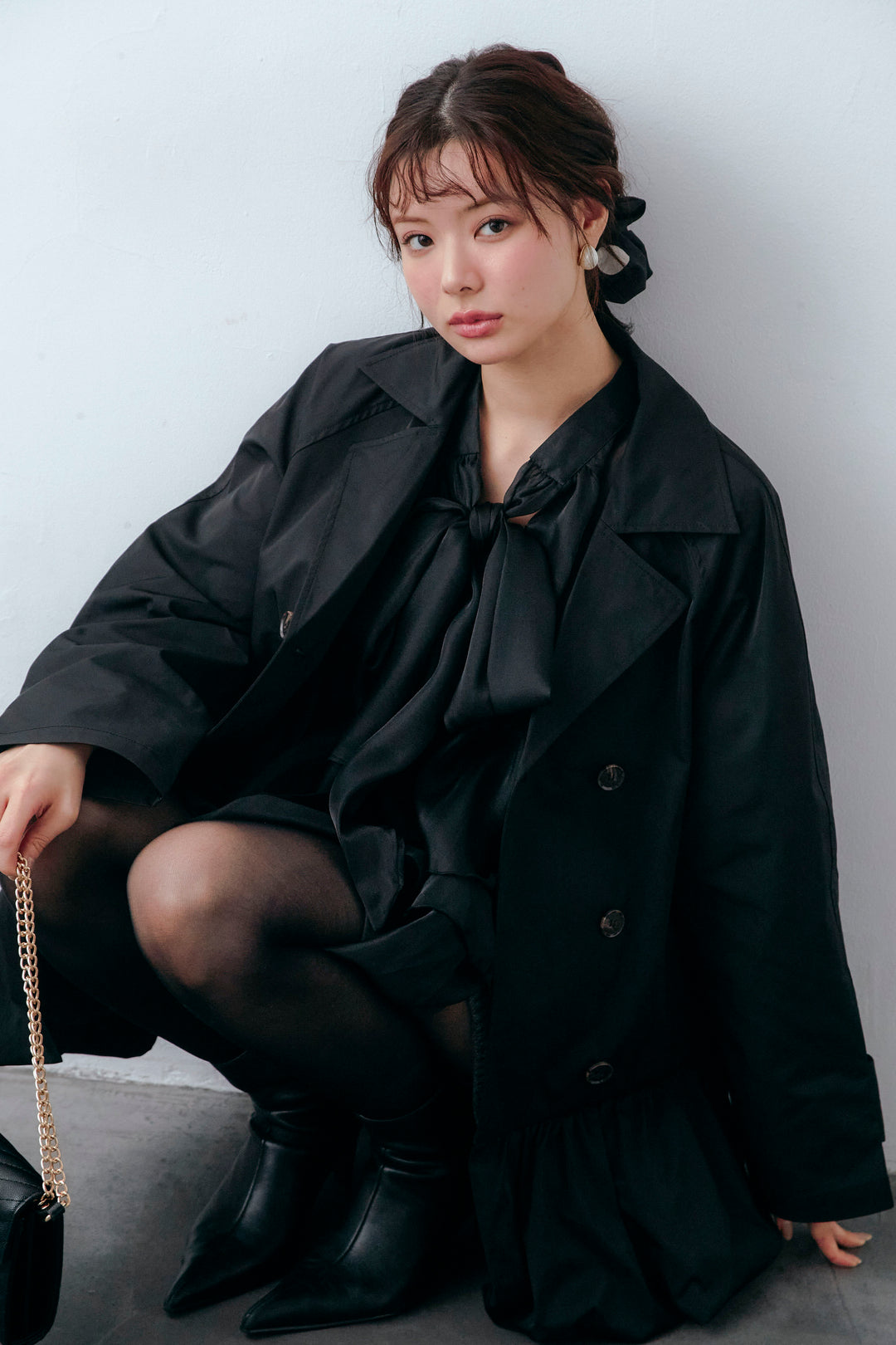 [予約/SET]フロントBIGリボンティアードエアリーチュニック+バルーンヘムミディ丈トレンチコート(2set)