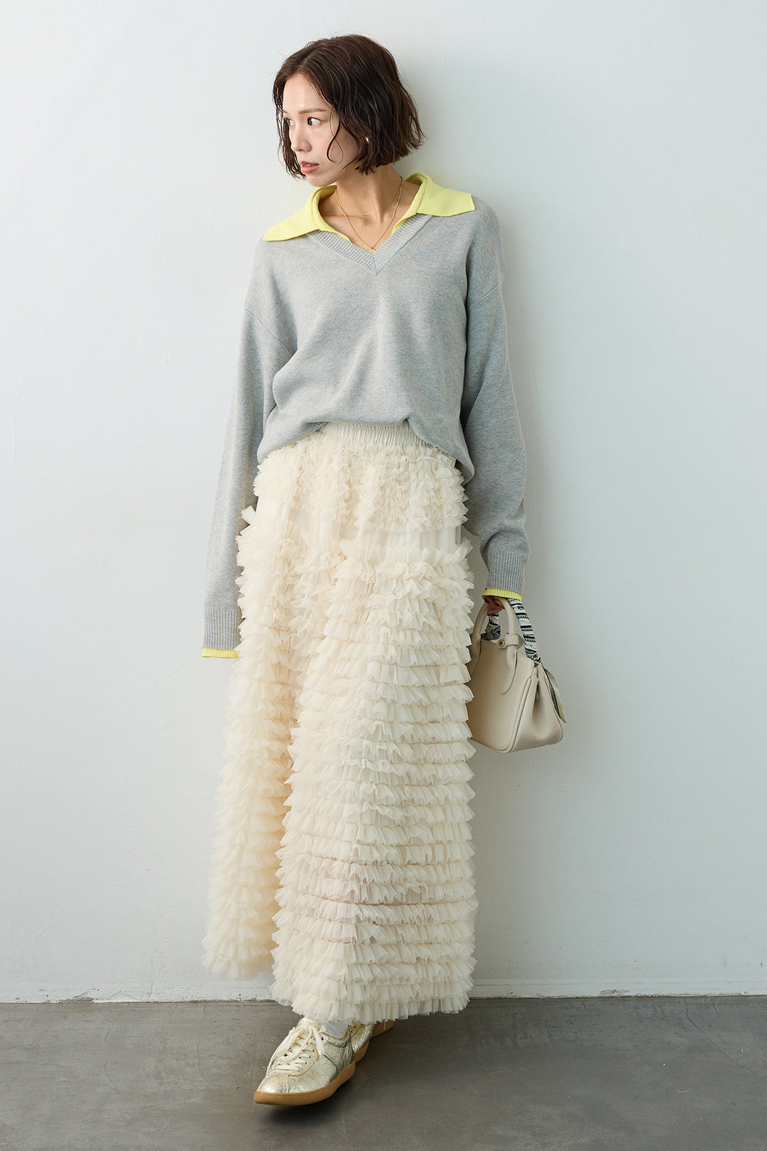 [予約/SET]配色襟レイヤード風ニット+ホイップチュールティアードスカート(2set)